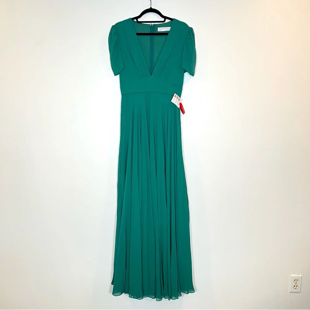 Mac‎ Duggal 55681 Womens Size 6 Green Short Puff Sleeve V-Neck Long Maxi Dress